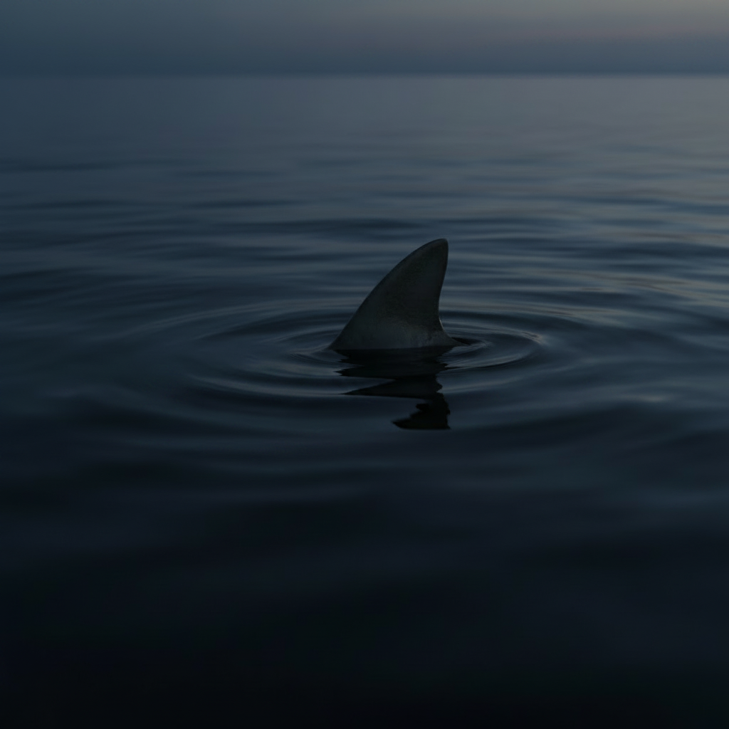 Shark fin cutting through water with faded measurement stats in the ripple wake